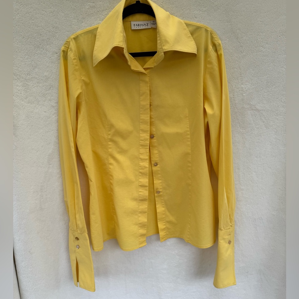 Farinaz Taghavi Womens Yellow Button Down Shirt Top Cotton Size 10